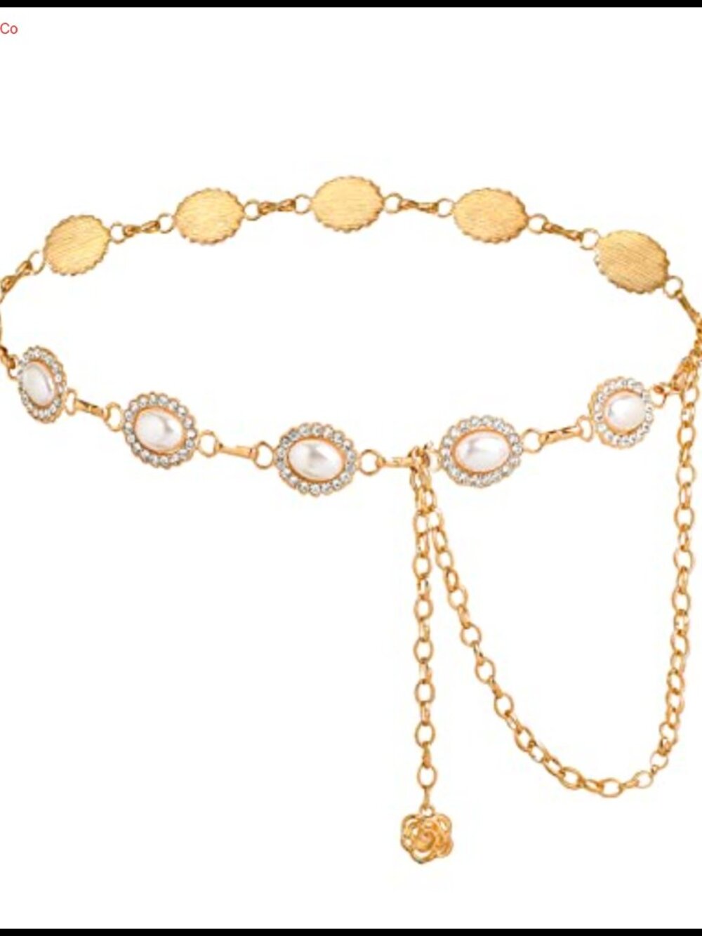 Gold Toned Metal Waist Chain Belt with Pearls & Rhinestones for Women